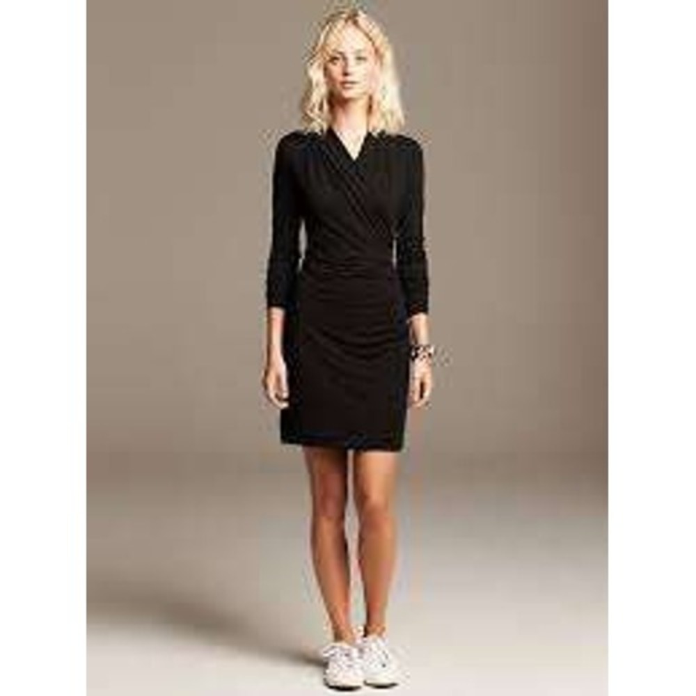 Banana Republic Faux Wrap Dress Womens 4 Black Stretch Collared Long Sleeve LBD